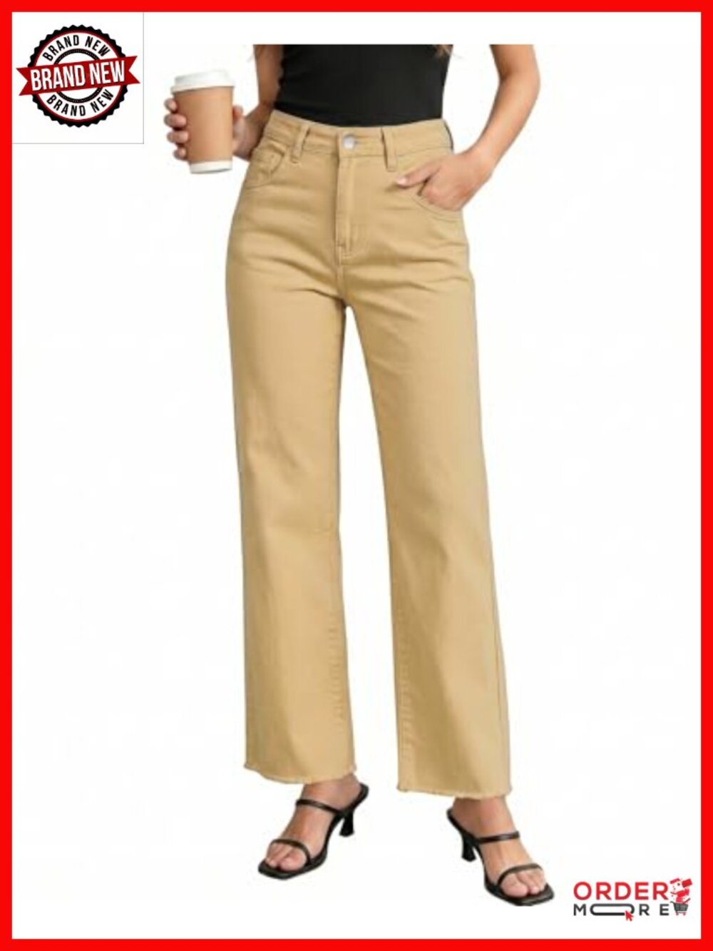 High Waisted Straight Leg Stretchy Frayed Raw Hem Loose Denim Jeans